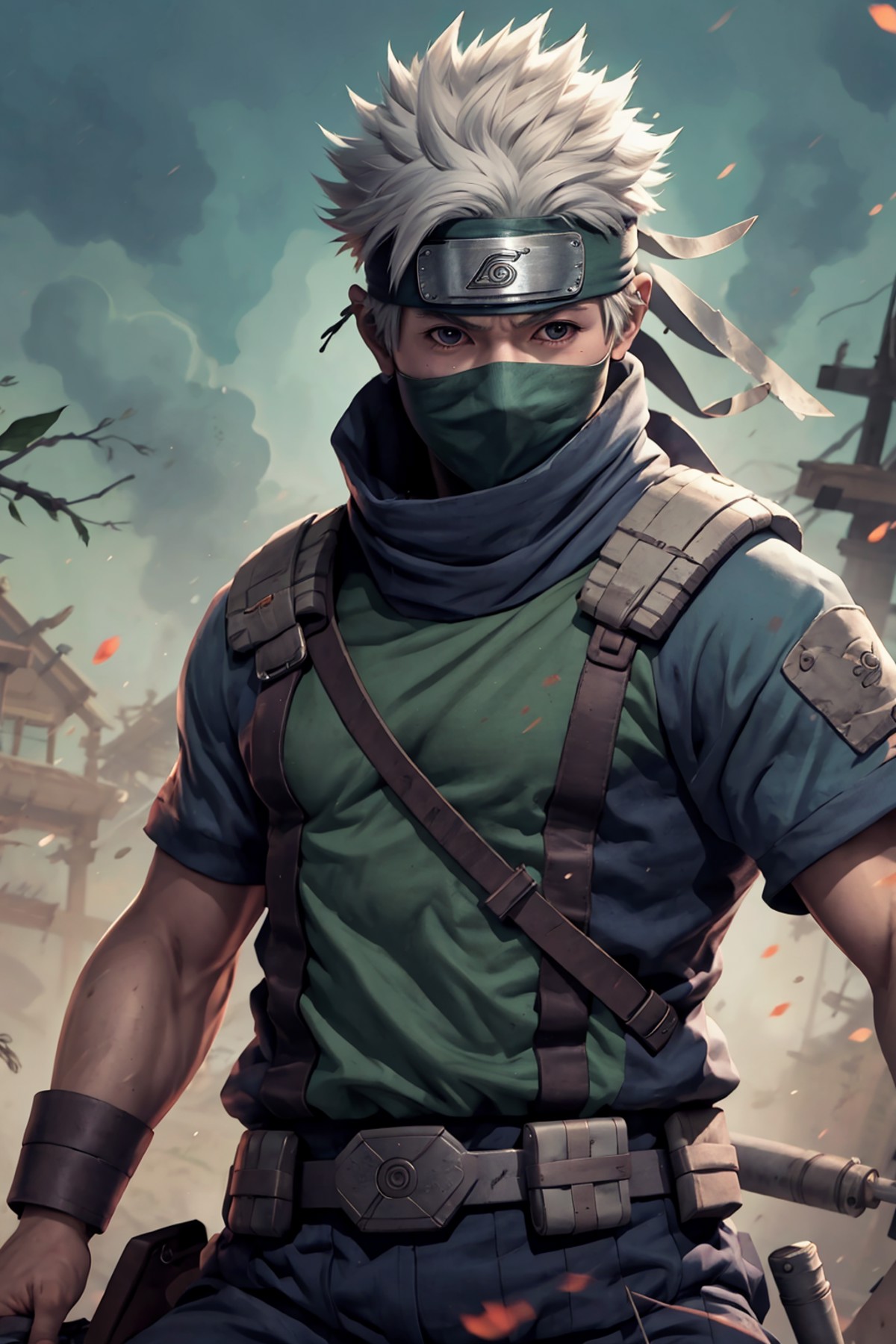 kakashi, 1boy, male focus, ninja, solo, weapon, holding, kunai, short sleeves, holding weapon, covered mouth